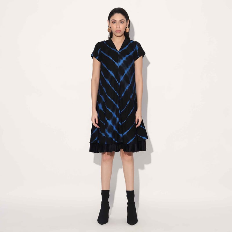 Black/Blue Shibori Tie-Dye A-Line Knee-Length Dress — Linetribe