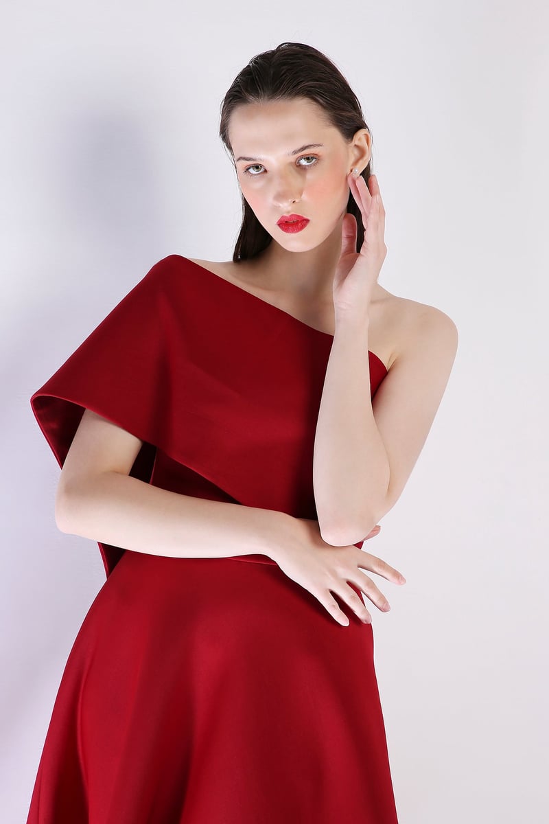 Deep Red Off-Shoulder Fit and Flare Midi Dress