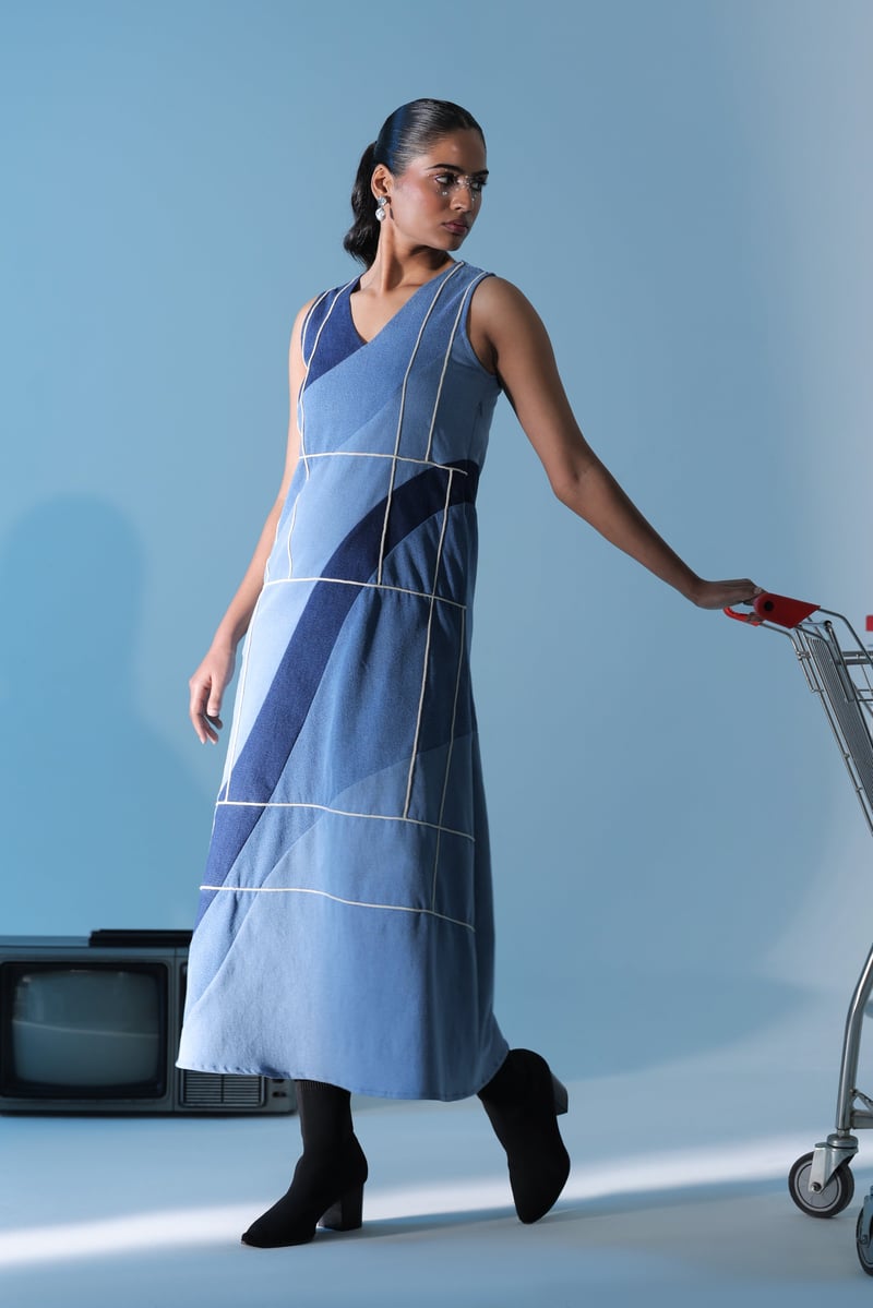 Blue Panelled Denim A-Line Midi Dress