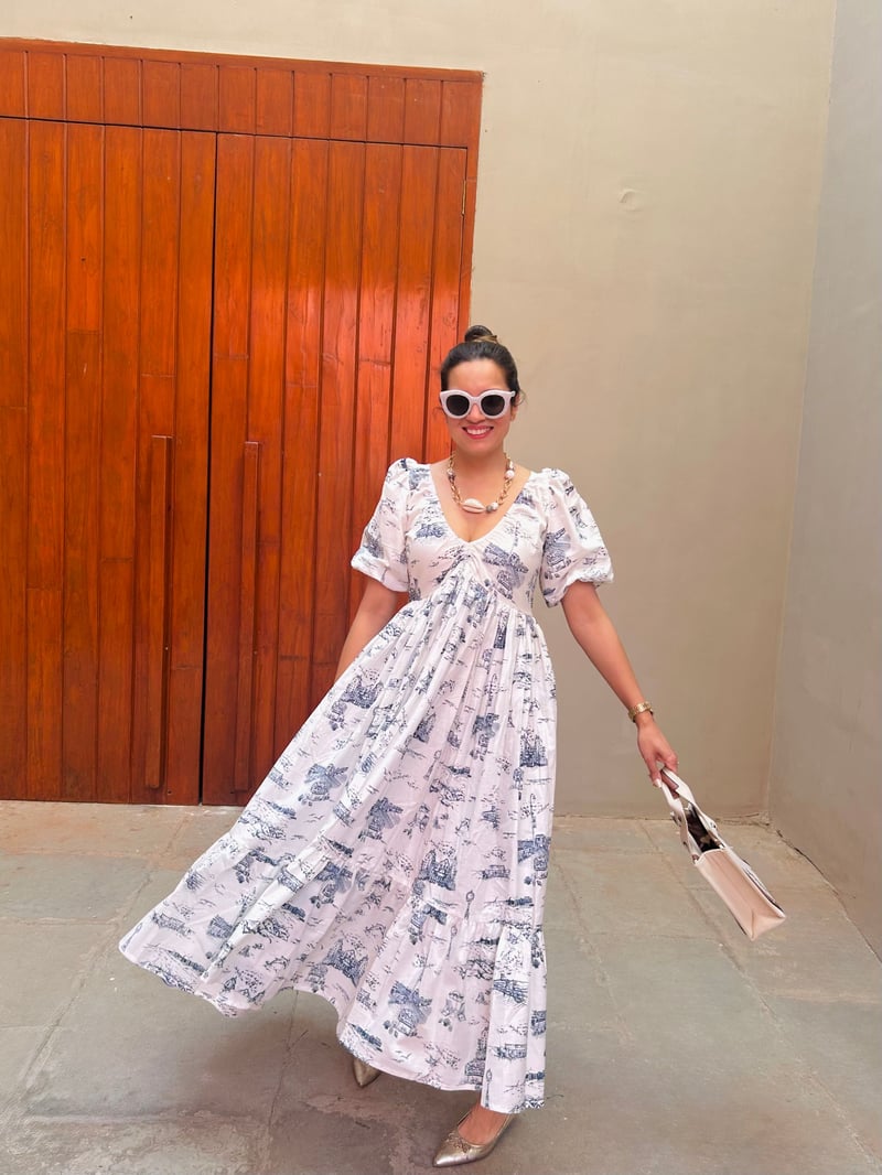 White and Blue Toile Print Tiered Cotton Maxi Dress