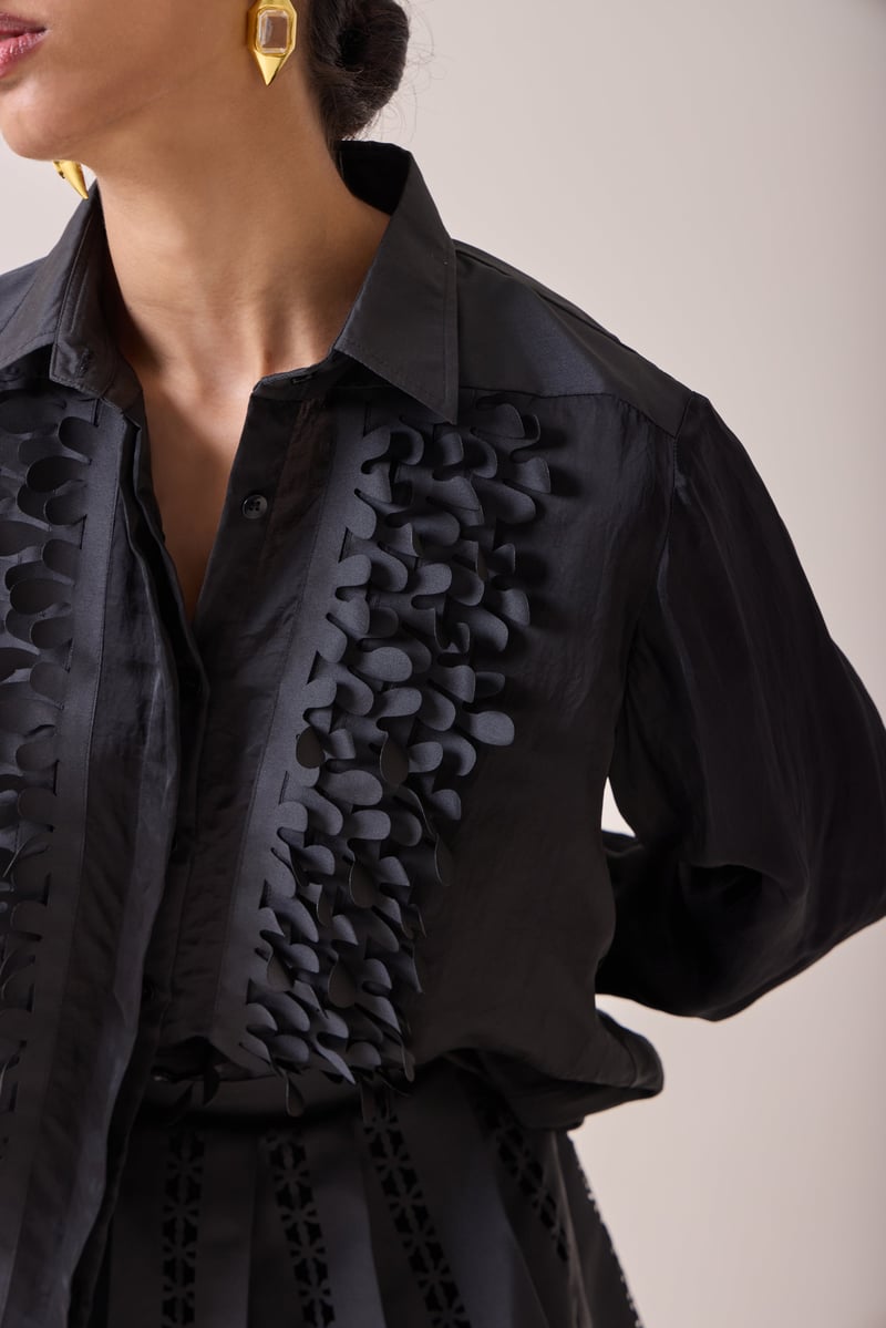 Black Satin Organza Applique Button-Down Shirt