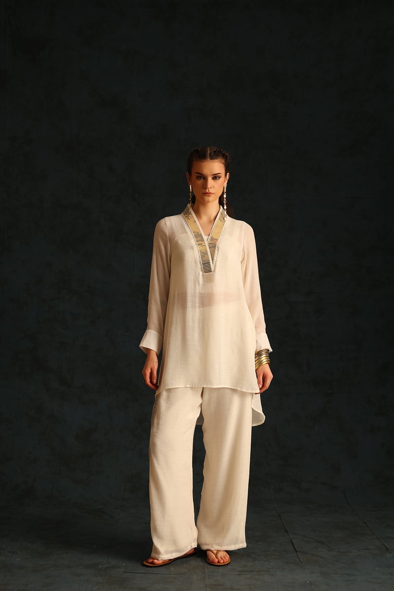 Off-White Foil-Lace Tunic and Palazzo Co-ord Set — EnEch