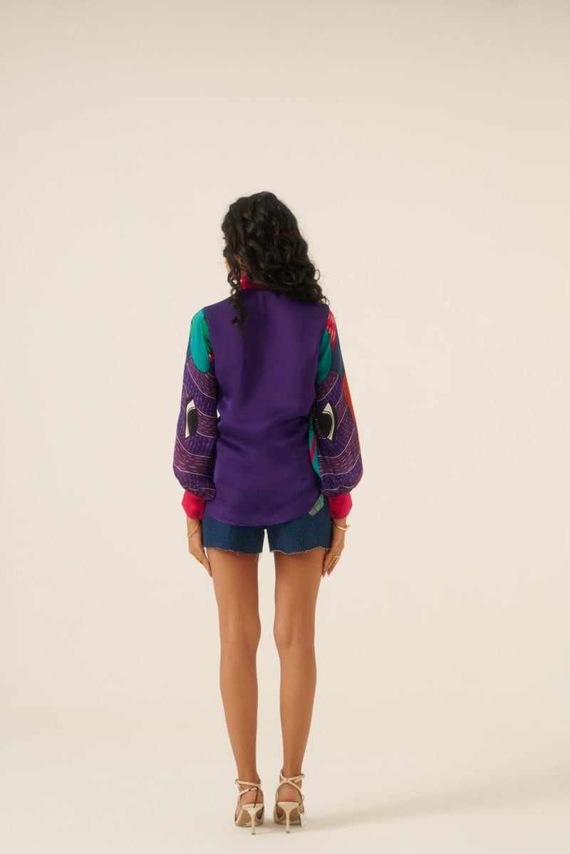 Multicolor Printed Organza Satin Shirt with Contrast Collar
