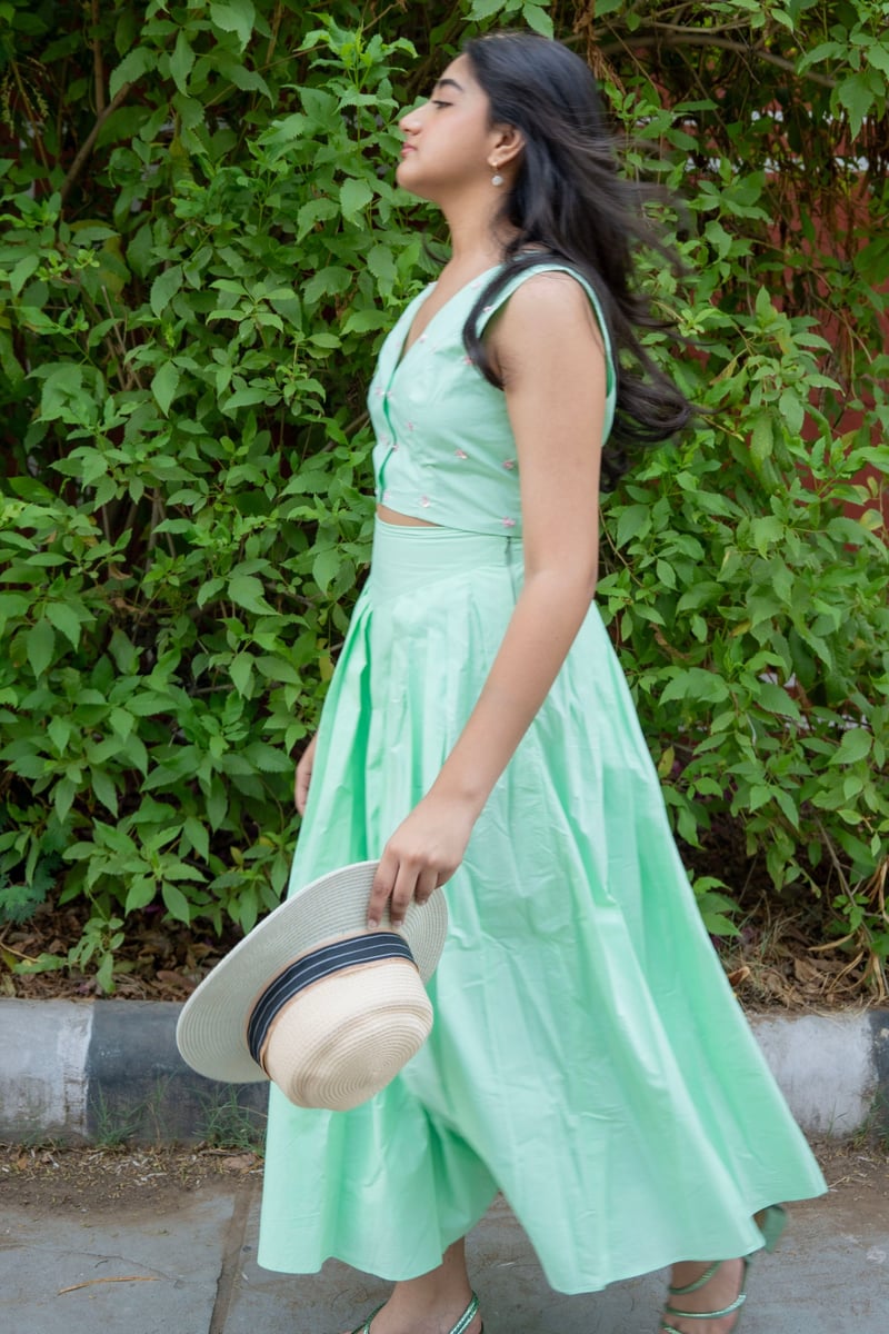 Mint Green Sequin Top and Pleated Midi Skirt Co-ord Set