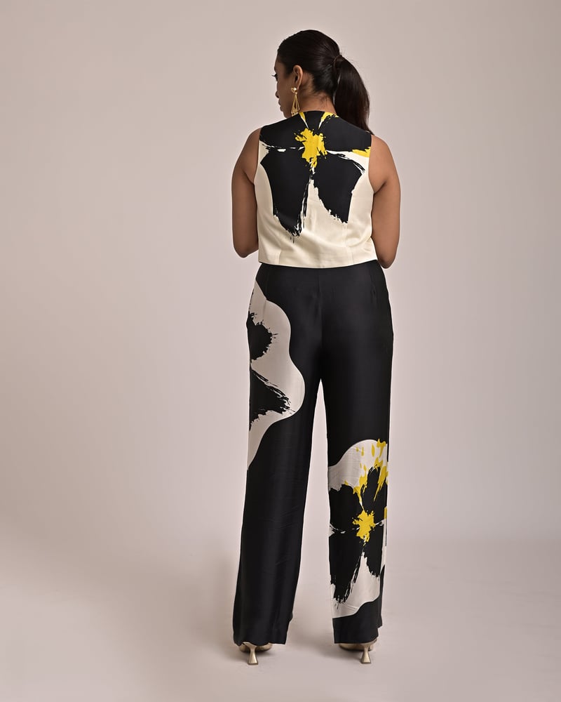 Black and Off-White Abstract Floral Tie-Up Waistcoat Crop Top