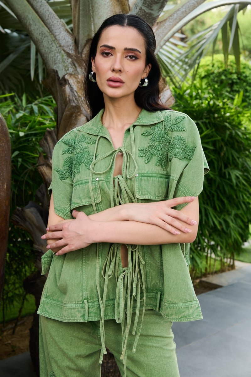 Green Denim Embroidered Tie-Up Co-ord Set