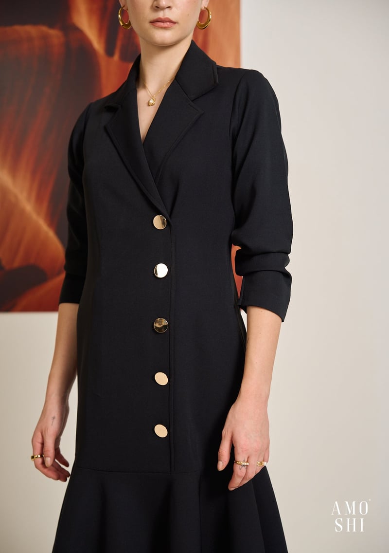 Black Blazer-Style Midi Dress with Metallic Buttons