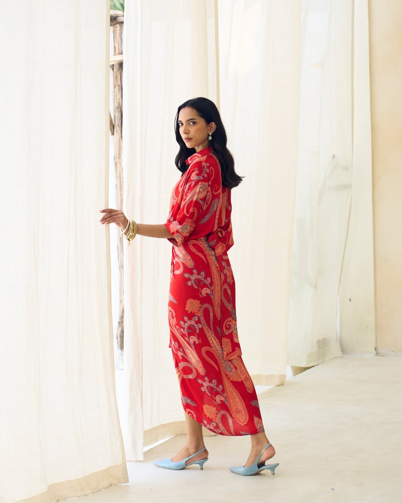 Red Paisley Wrap Midi Dress with Twist-Knot Waist