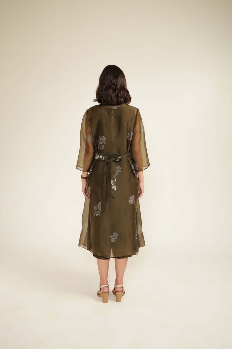 Olive Silk Chanderi Culotte Jumpsuit with Organza Jacket