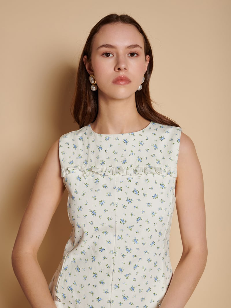 Ivory and Blue Floral Print A-Line Mini Dress