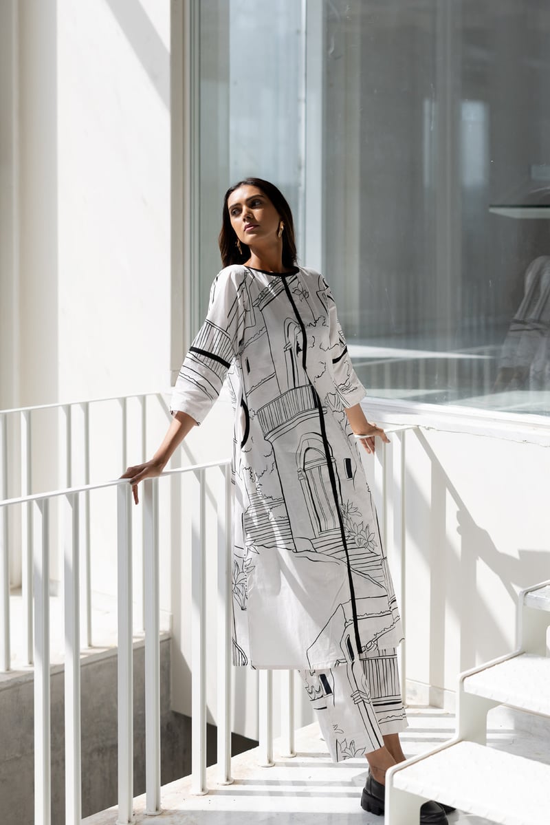 White Monochrome Printed Cotton Poplin Kurta Set