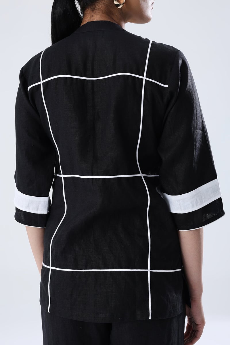 Black Hemp Shirt with White Dori Motif and 3/4 Sleeves