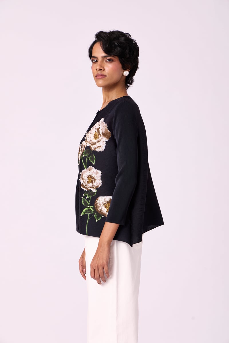 Black Pleated Floral Shirt with Pearl Details
