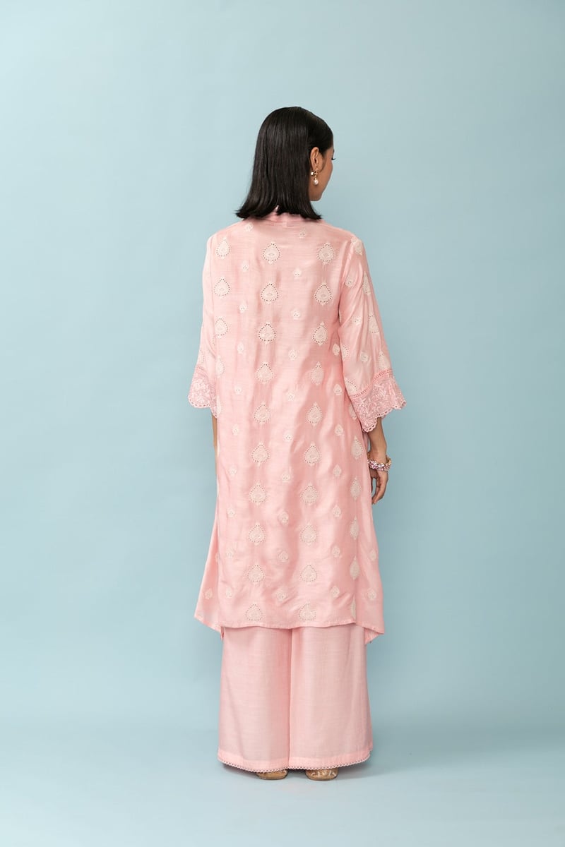 Baby Pink Asymmetric Embroidered Kurta Set