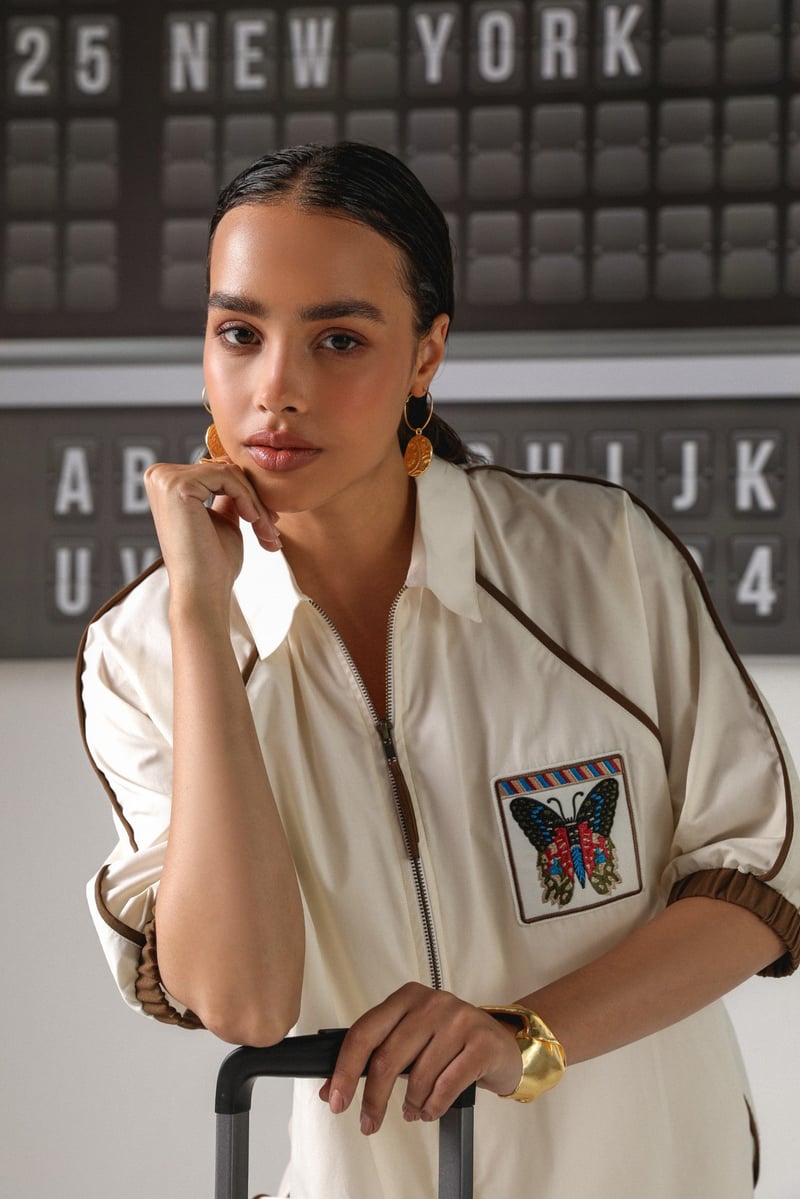 Cream Zip-Front Shirt and Pants Co-ord Set