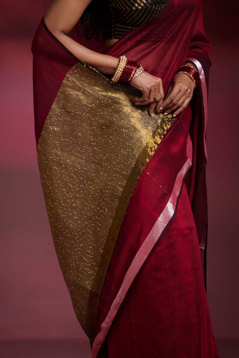 Maroon Cotton Sequin Saree with Zari Border and Gold Pallu