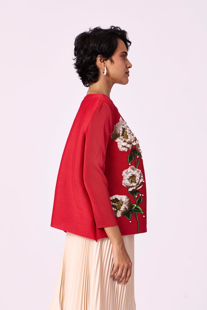 Red Pleated Floral Button-Down Shirt with Pearl Accents