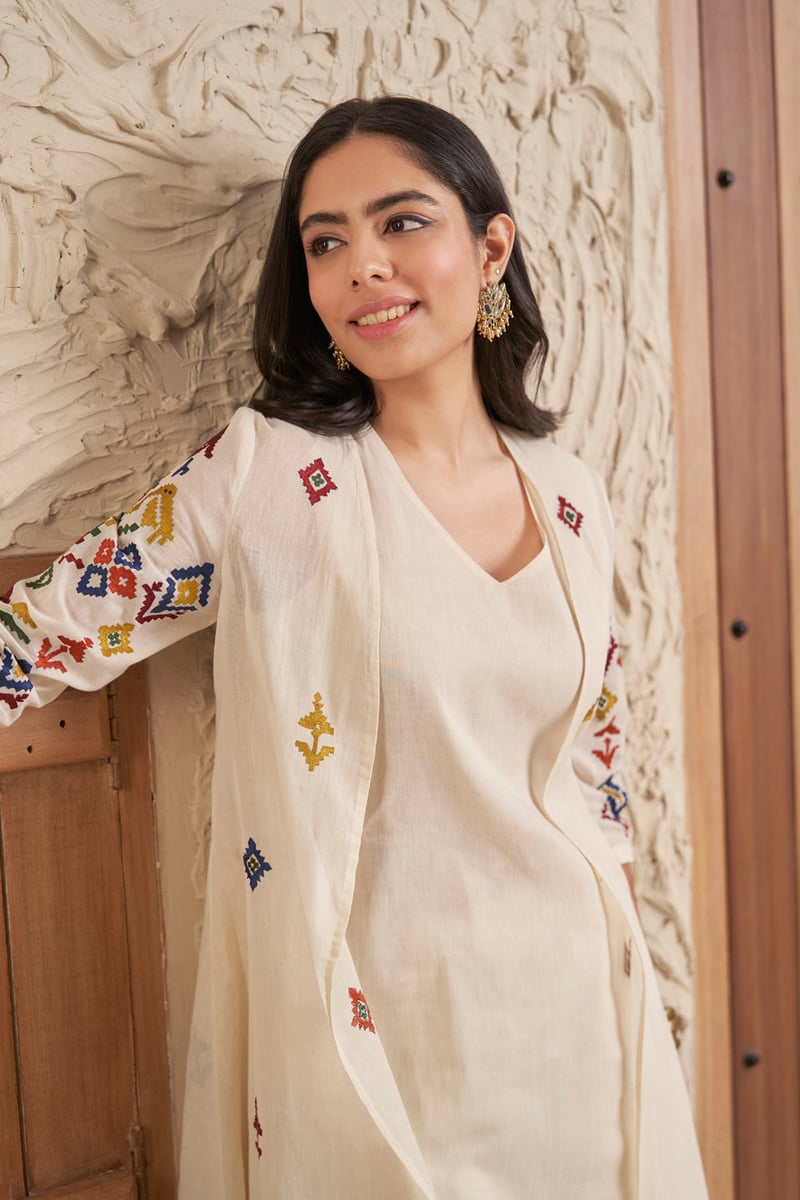 Ivory A-Line Embroidered Kurta Set with Straight Pants