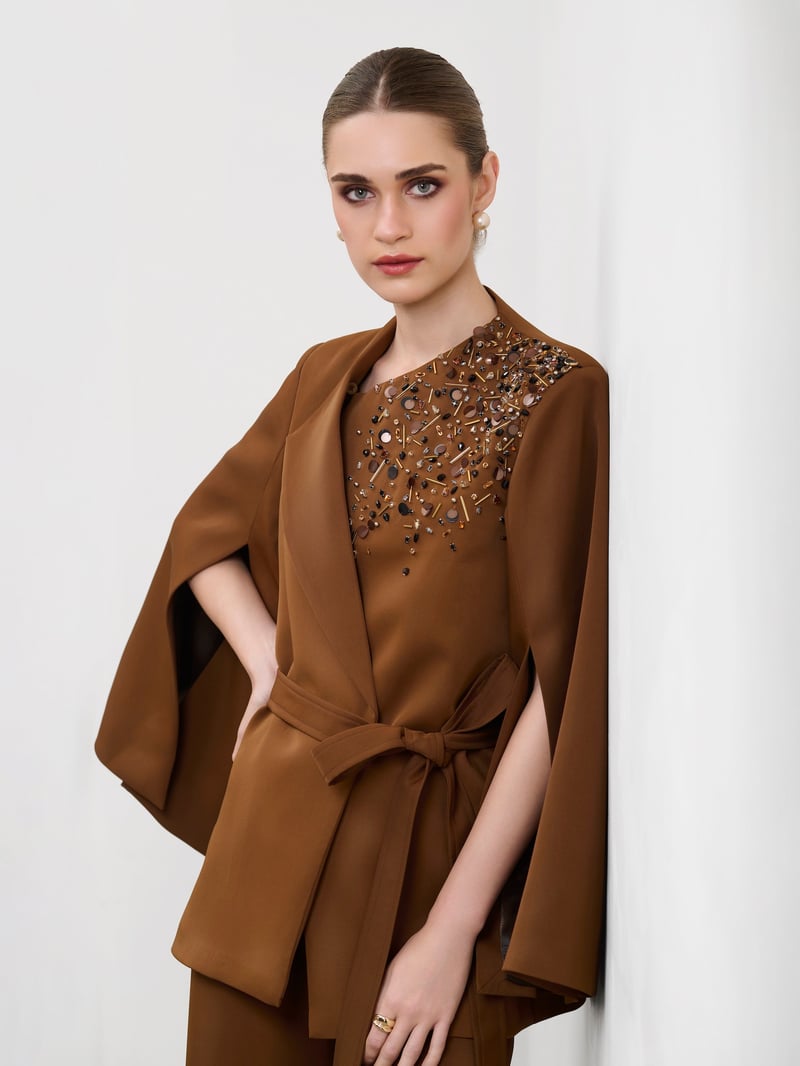 Mocha Brown Embellished Blazer Cape with Tie Belt