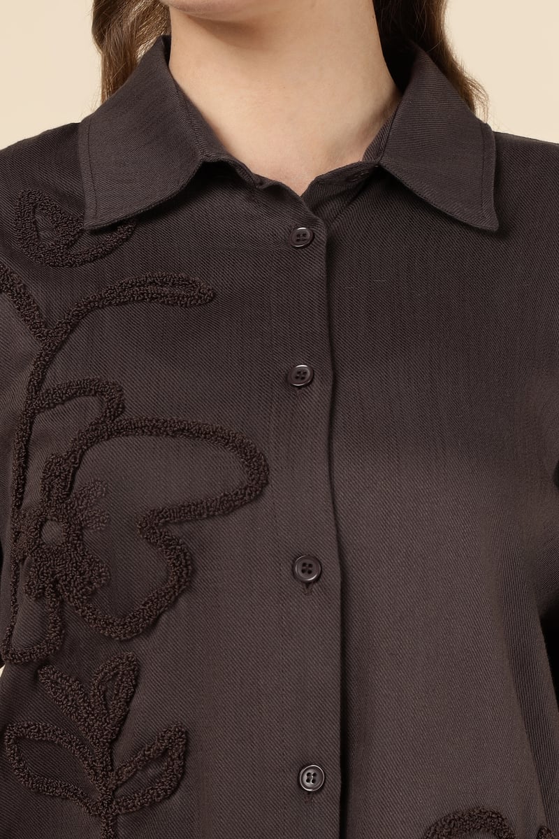 Kahve Brown Tonal Floral Embroidered Button-Down Shirt