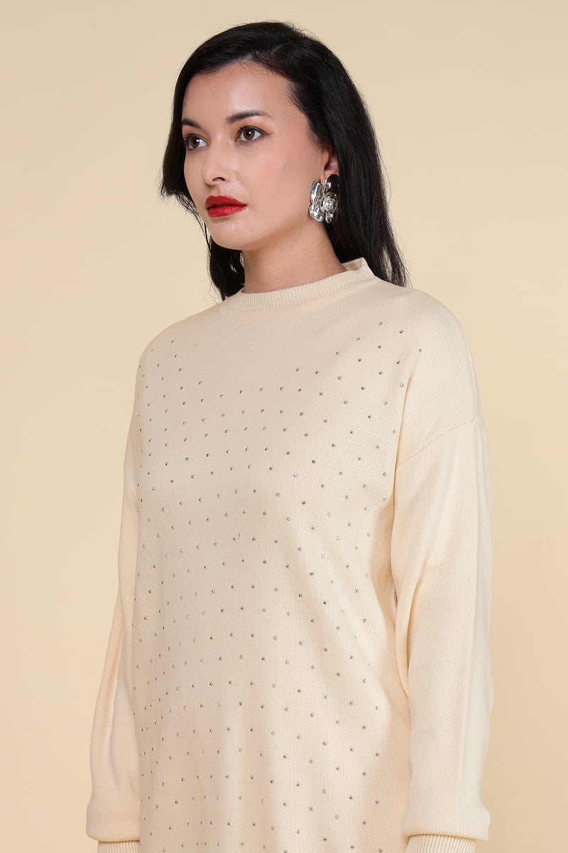 Ivory Embellished Knit Co-ord Set with Wide-Leg Pants