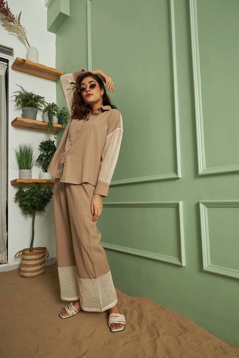 Beige Straight-Leg Trousers with Crochet Mesh Hem