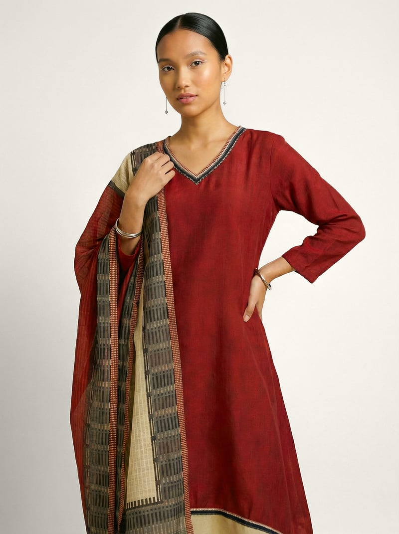Red Muslin Silk V-Neck Asymmetrical Hem Kurta Set