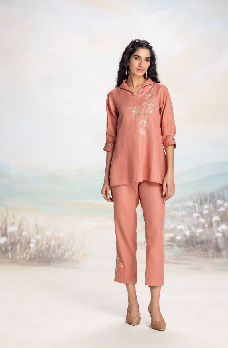 Peach Linen Longline Embroidered Top with 3/4 Sleeves