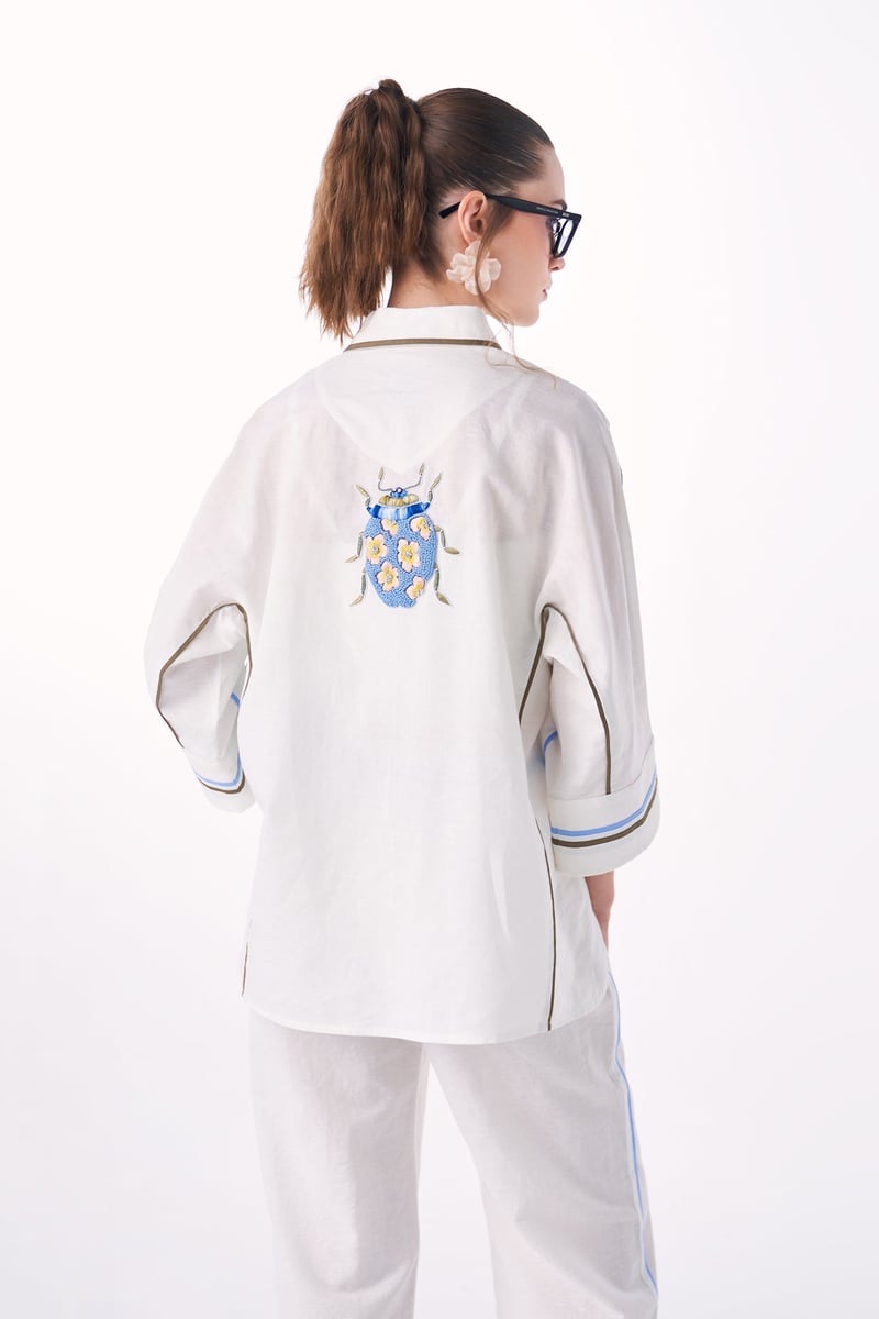 White Cotton-Linen Anti-Fit Shirt with Back Embroidery