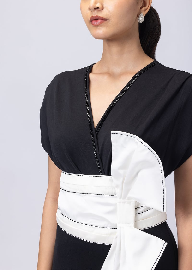 Black V-Neck Jumpsuit with Detachable White Bow Belt