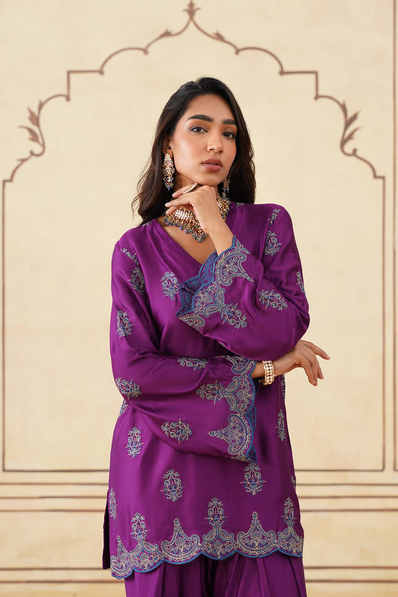 Wine Embroidered Kurta Set with Farshi Pants and Dupatta