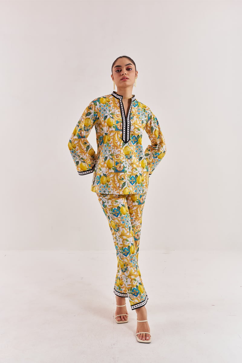 White and Yellow Lemon Print Co-ord Set with Mandarin Collar