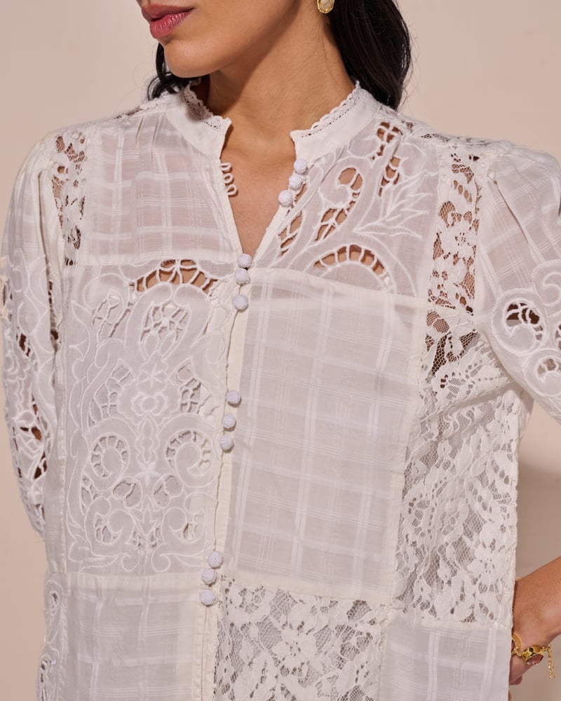 White Cotton Lace Insert Mandarin Collar Top