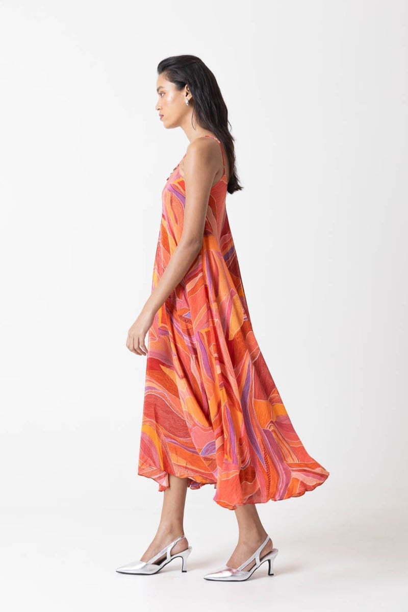 Orange/Multicolor Printed Strappy A-Line Midi Dress