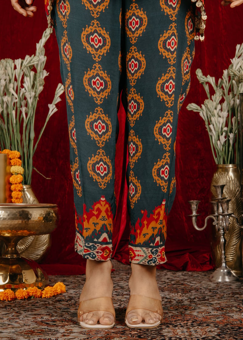 Orange Red Teal Printed Co-ord Set with Tie-Up Neck