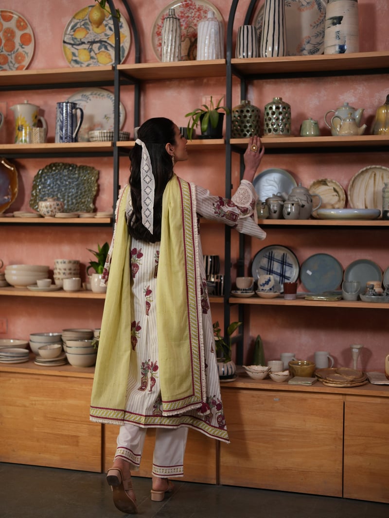 Multicolor Asymmetrical V-Neck Printed Cotton Kurta Set