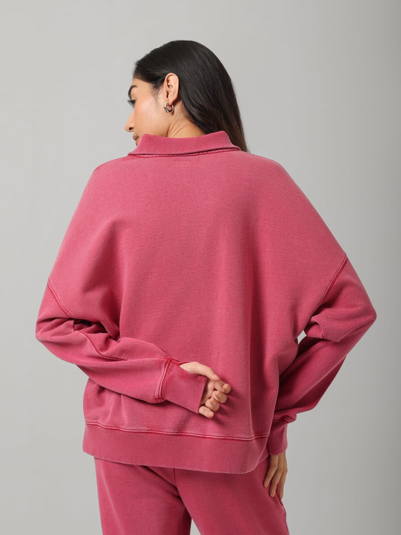 Red Cotton Terry Collared Sweatshirt with Diagonal Zip