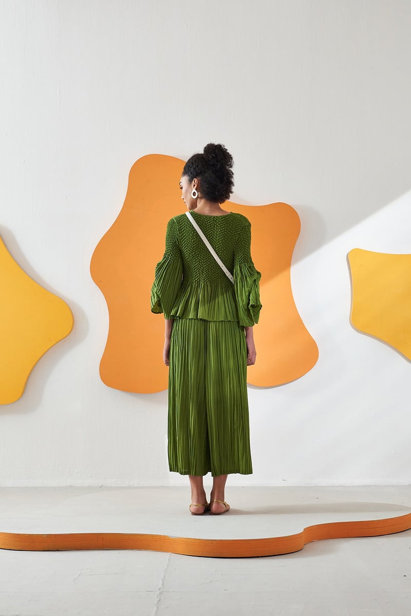 Lime Green Smocked Top and Pleated Skirt Co-ord Set