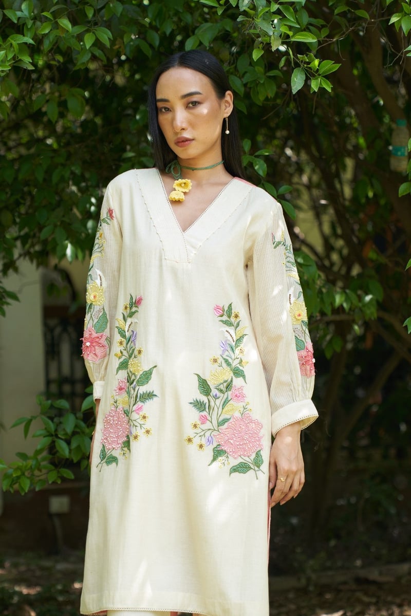 Beige Mul Chanderi Embroidered Straight Kurta Set