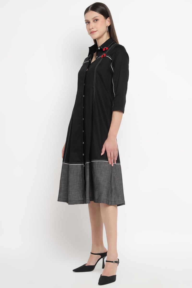 Black A-Line Midi Shirt Dress with Grey Colorblock Hem