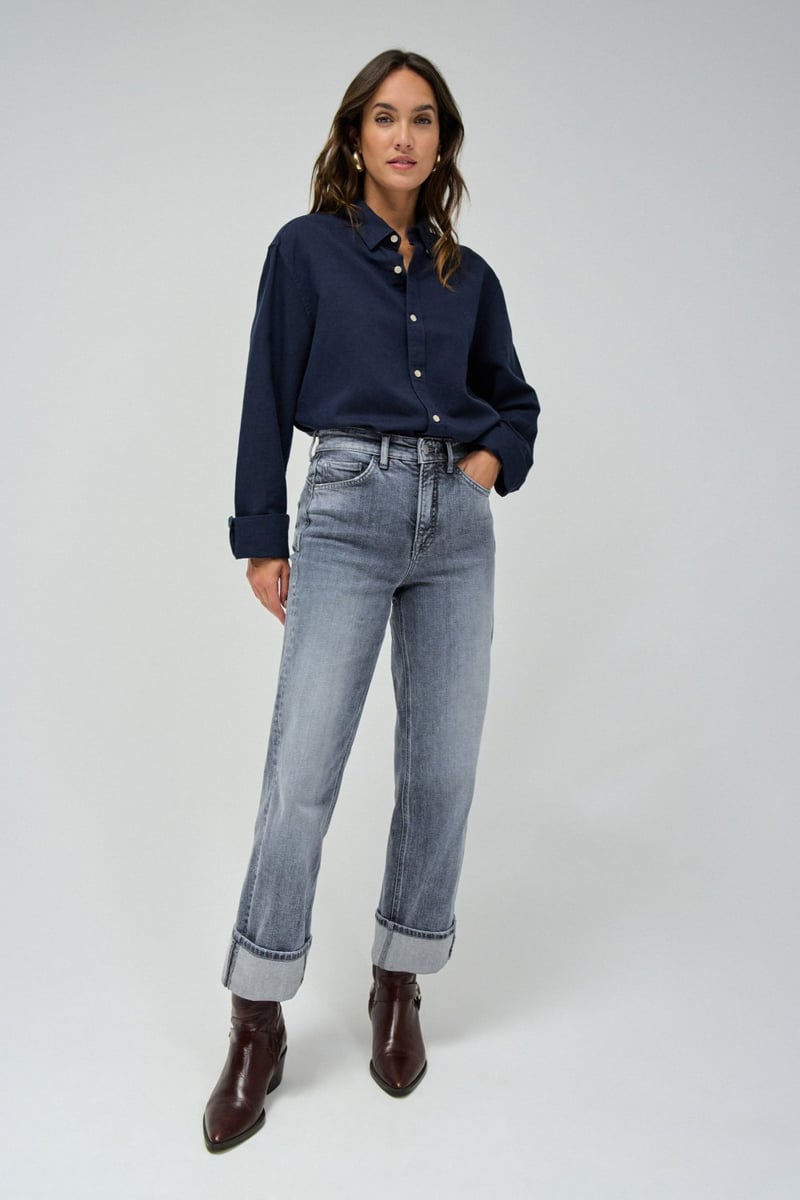 Light Grey High-Rise Straight-Leg Jeans with Cuffed Hem