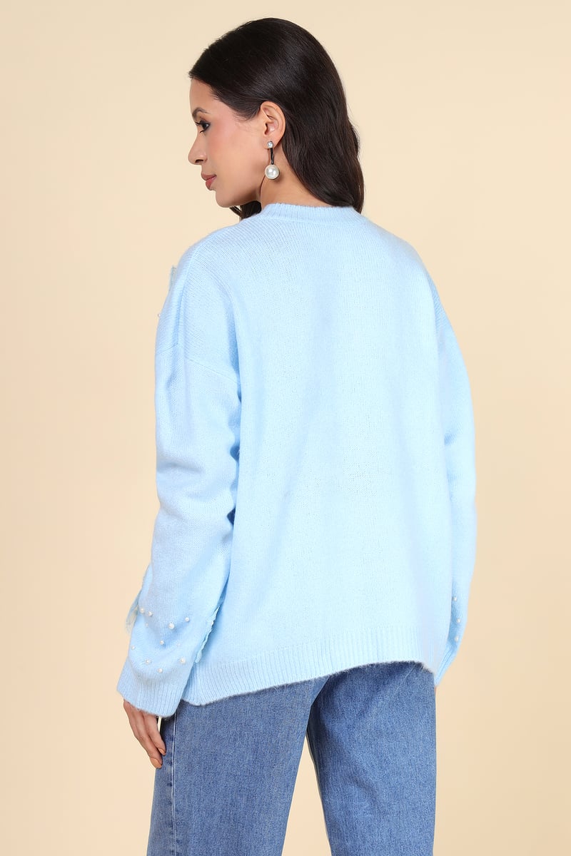 Light Blue Applique and Pearl-Detail Pullover Sweater