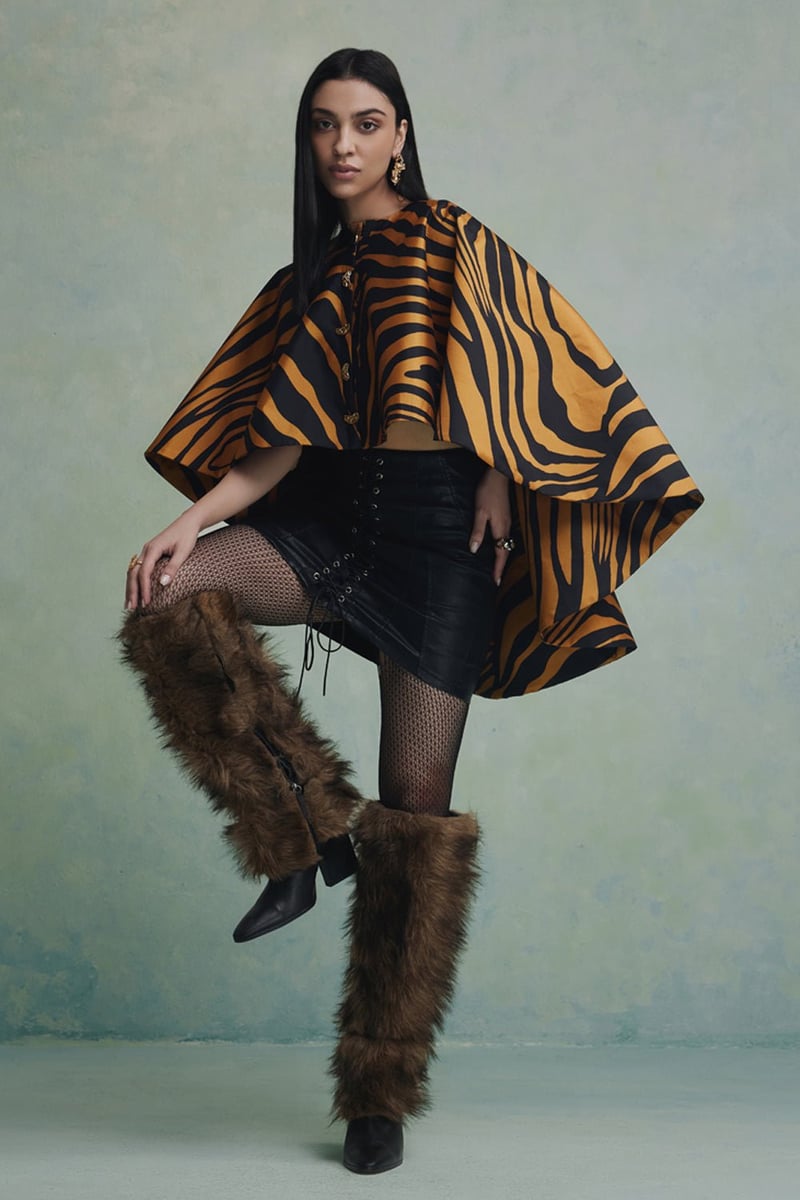 Black/Yellow Tiger Print High-Low Cape Jacket