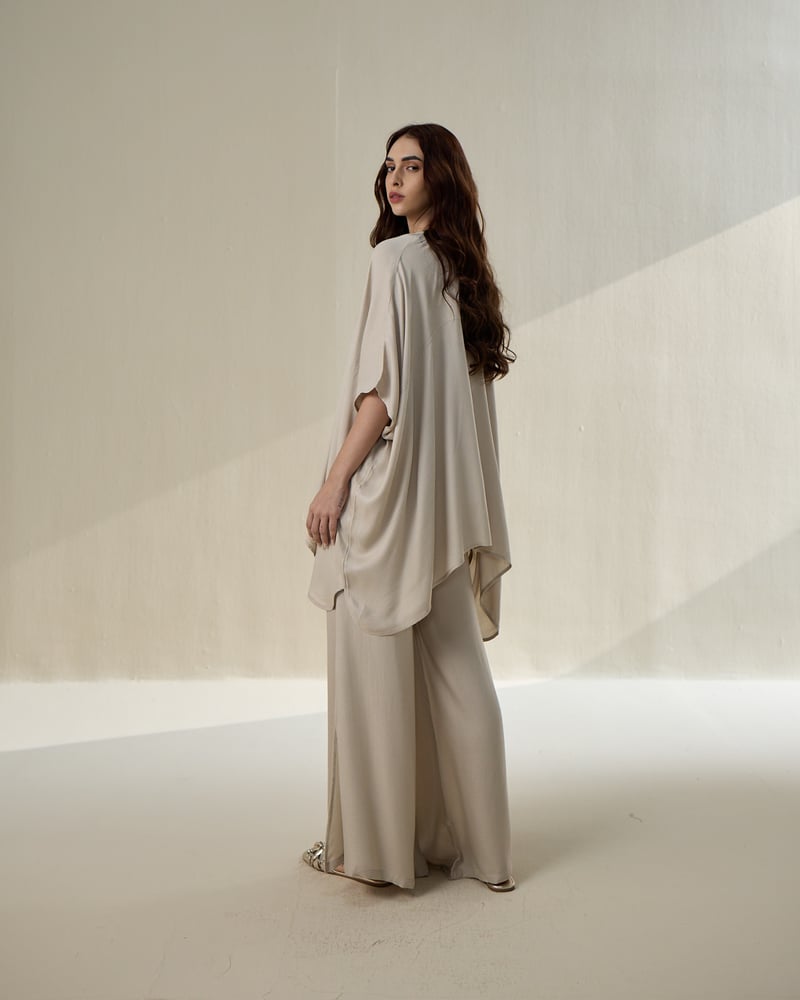 Taupe Draped Poncho Top and Bell Bottom Co-ord Set