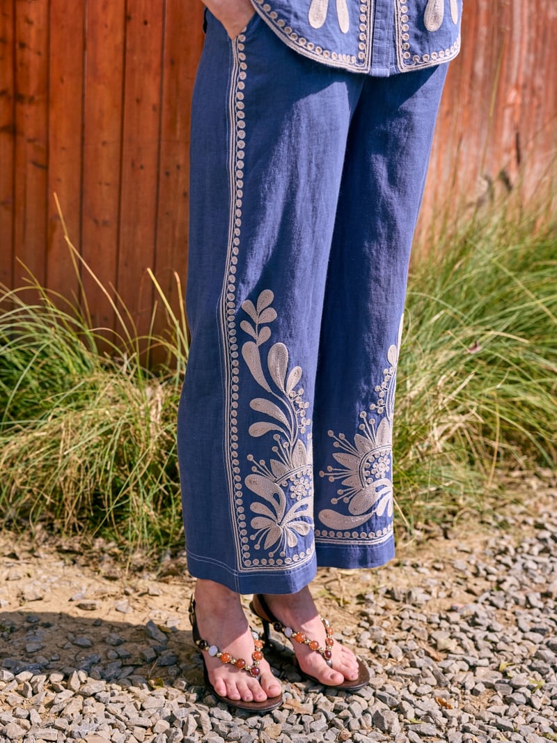 Blue High-Rise Wide-Leg Embroidered Trousers