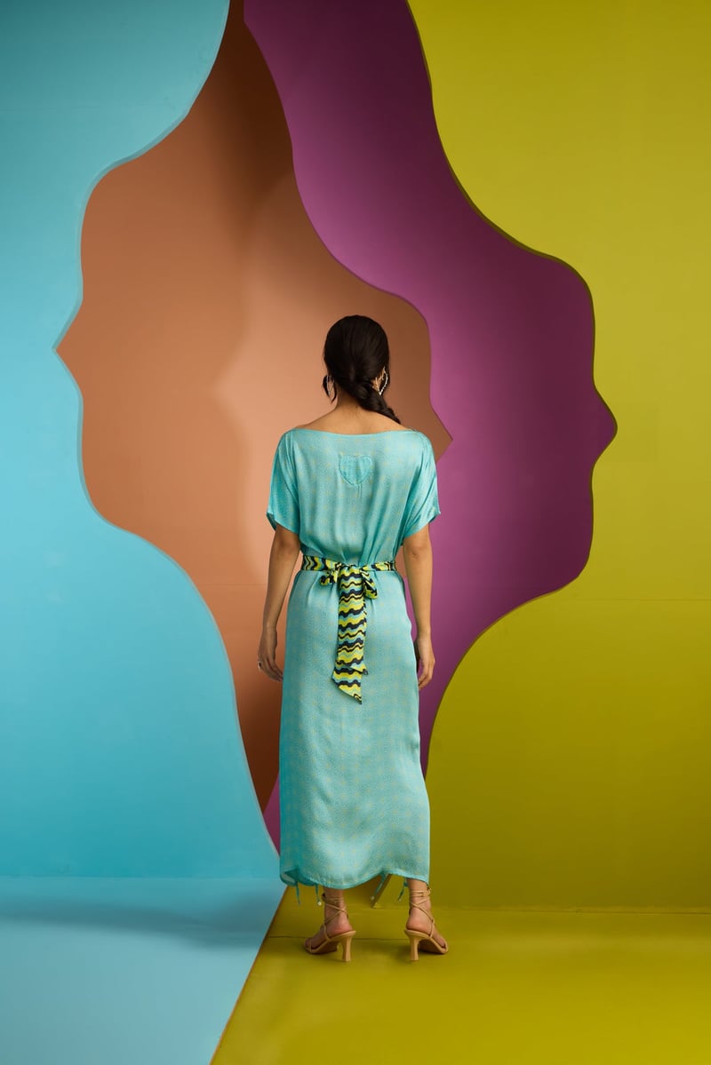Aqua Blue Printed Maxi Kaftan Dress with Belt