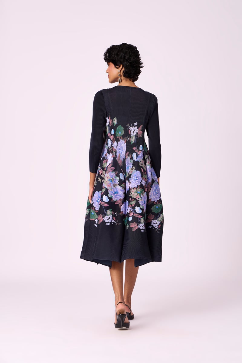 Black Floral Pleated Fit and Flare Midi Dress