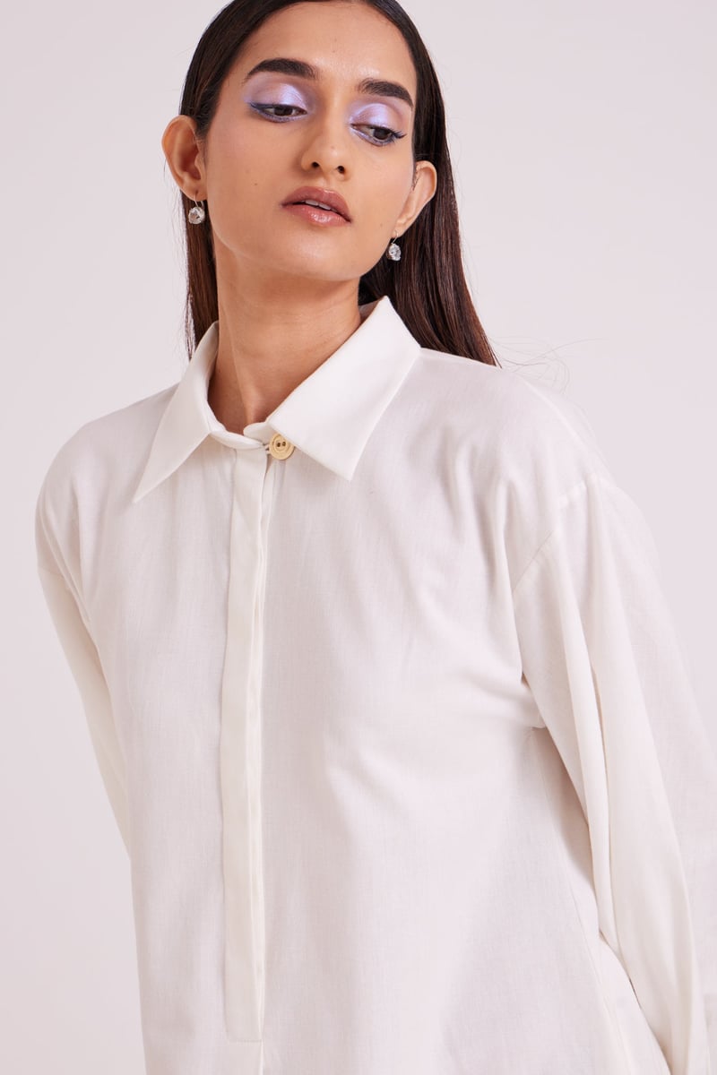 Ivory Midi Shirt Dress with Blue Hem Border