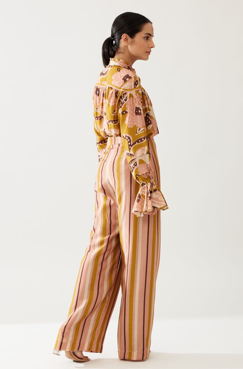 Mustard And Pink Floral Frill Collar Shirt