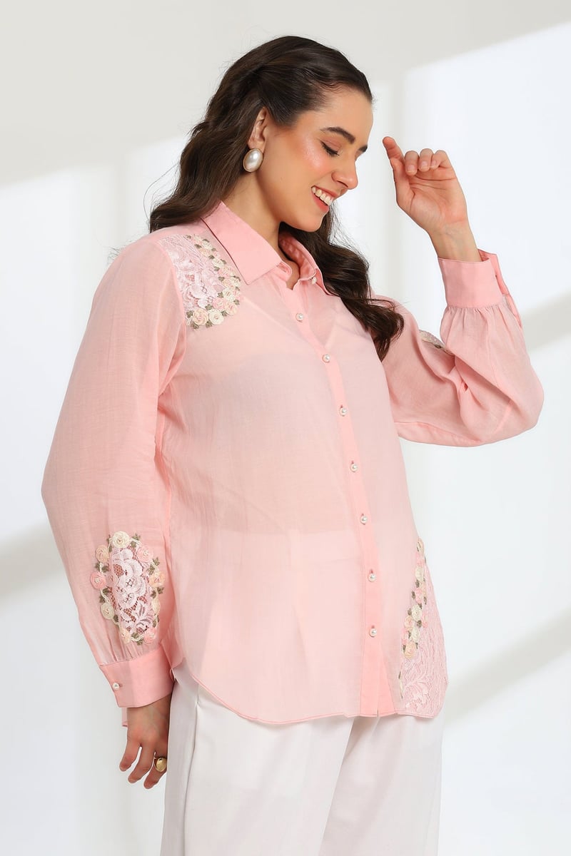 Blush Pink Sheer Mul Chanderi Shirt With Lace Detail
